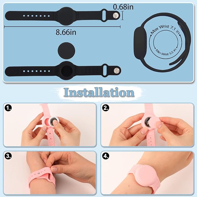 Kids Waterproof Airtag Bracelet Compatible with Apple AirTag, Hidden Silicon Protective Case for Air Tag GPS Tracker Holder, Adjustable Anti-Lost Watch Band for Toddler Child (Black & White)