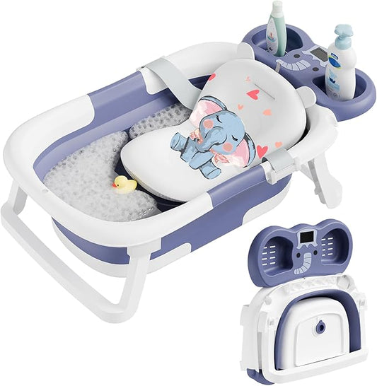 Collapsible Baby Bathtub,Baby Bath Tub with Soft Cushion & Thermometer,Baby Bathtub Newborn to Toddler 0-36 Months,Portable Travel Baby Tub