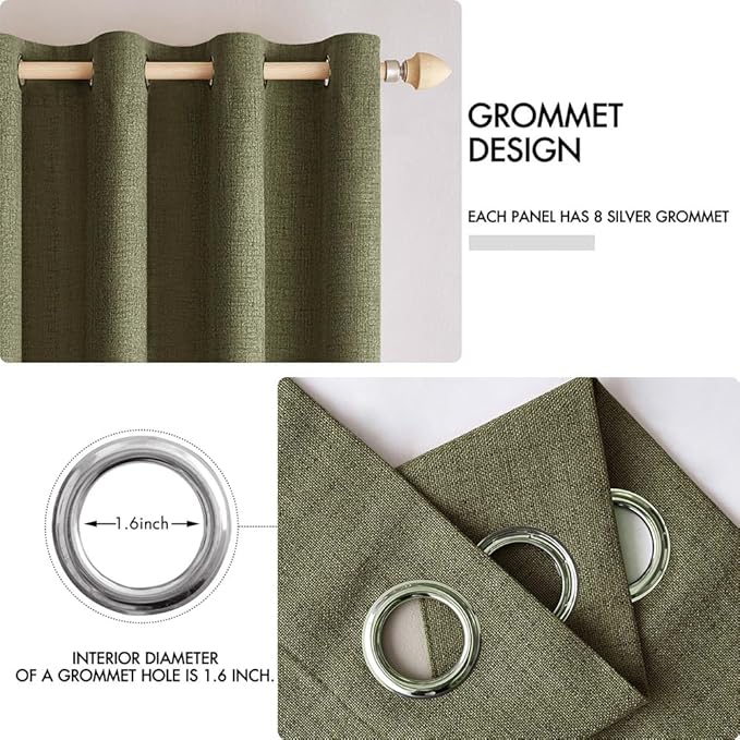 MIULEE Linen Texture Curtains for Bedroom Solid 100% Blackout Thermal Insulated Light Olive Green Curtains Grommet Room Darkening Drapes for Living Room Nursery 52x54 Inch (2 Panels)