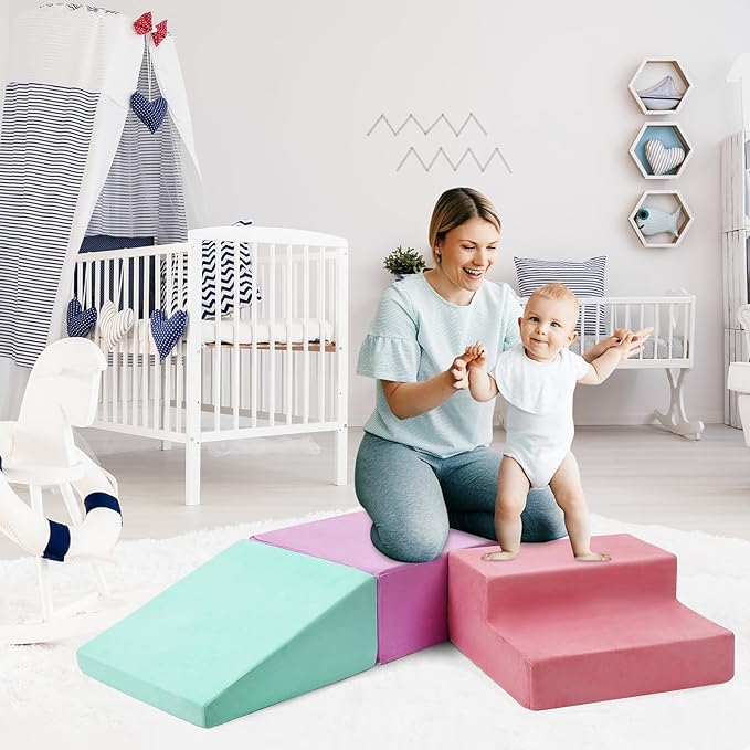 6-Piece Soft Suede Toddlers Climbing Toys, Baby Foam Climbing Blocks, Waterproof Foam Play Gym Climber Structures for Toddler Babies, Indoor Climb and Crawl Activity Play Set
