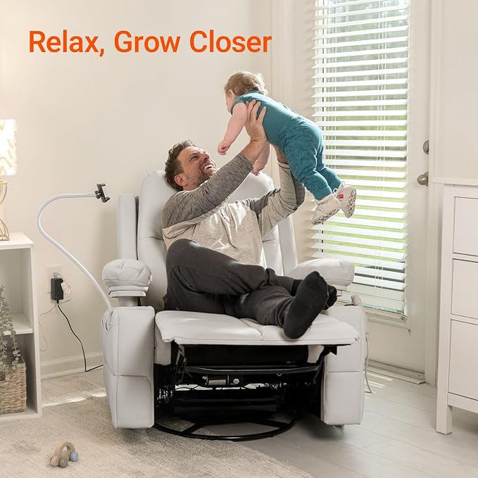Rocking Chair Nursery with Adjustable Armrests, Electric Glider Recliner Nursing Chair for Breastfeeding, Power Swivel Recliner Chairs with USB Port and Storage, FSC Certified (Vanilla)