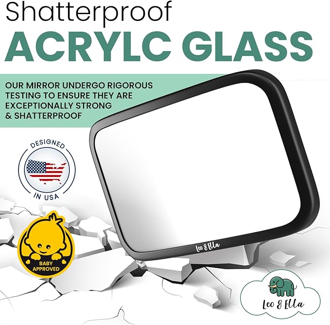 Leo and Ella - Baby Car Mirror - Extra Large & Ultra Clear Infant View, Crash Tested Shatterproof Design w/ 360° Adjustable Mount, Premium Car Mirror For Baby