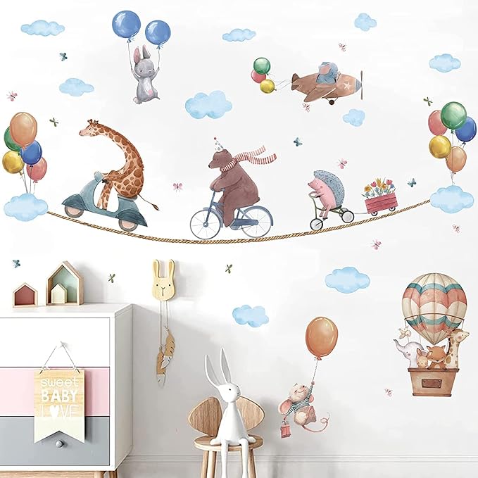 TOARTi Jungle & Woodland Animals Wall Decals - Hot Air Balloon & Elephant Giraffe Rabbit Wall Art Stickers for Baby & Kids Room Decoration