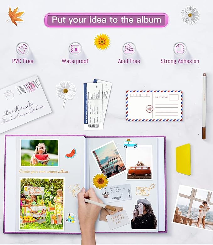 popotop Photo Album Self Adhesive with Picture Display Window,40 Pages DIY Scrapbooking Supplies Kit for 4x6 8x10 Picture,Linen Cover Memory Book for Baby Wedding, with Scraper and Metallic Pen