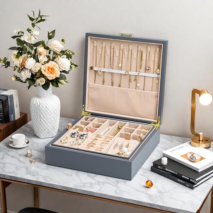 2-layer jewelry box，Jewelry Organizer with Handle，with hanging necklace hooks, detachable jewelry trays, suitable for storing a large amount of jewelry gift box (Large-Grey)