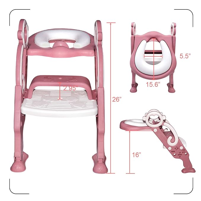 GrowthPic Pink Toddler Potty Training Seat with Step Stool – Foldable Toilet Trainer for Girls with Soft Cushion & Splash Guard, Adjustable Ladder Fits Standard & Elongated Toilets