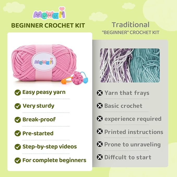 Mewaii Crochet Kit for Beginners – 5 Easy Dinosaur Crochet Kits with Step-by-Step Video Tutorials, Pre-Started Yarn, 40% Extra Yarn, Beginner Crochet Kit for Adults & Kids