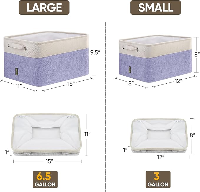 BALEINE 2 Pack Fabric Storage Bins for Shelves, Linen Storage Baskets for Organizing, Decorative Closet Bins for Clothes, Home (Lavender, 12"x8"x8")