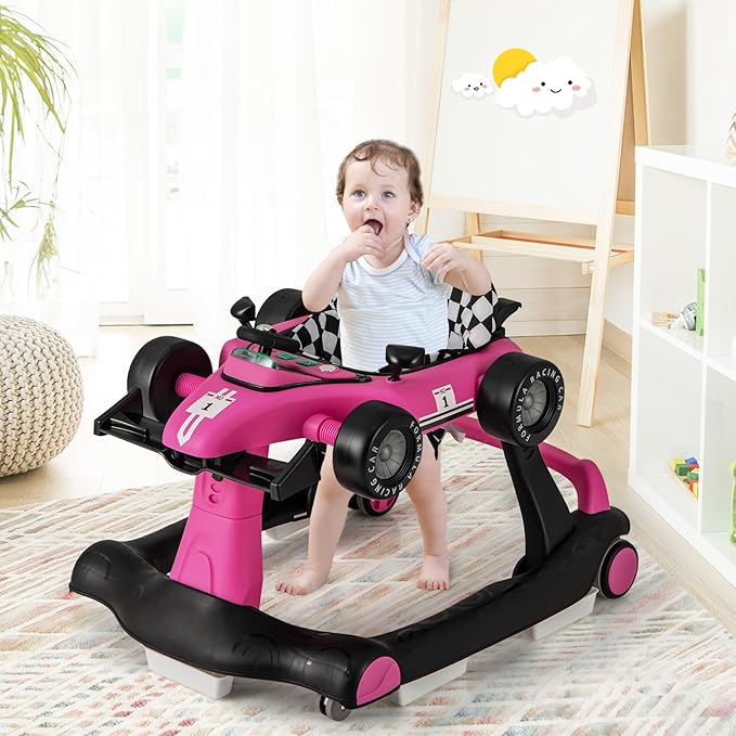 HONEY JOY 4-in-1 Baby Walker, Activity Push Walker w/3 Adjustable Heights, Smooth Wheels w/Adjustable Speed, Padded Seat, Music & Light, Foldable Car Walker for Baby Boys Girls Age 6 Months+ (Pink)