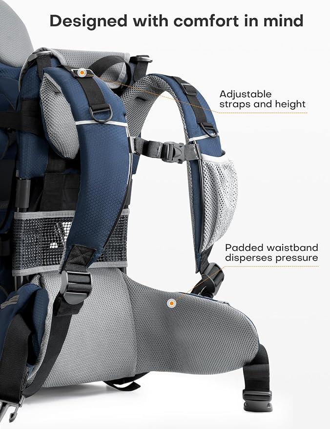 besrey Baby Backpack Carrier, Toddler Hiking Backpack with Safety 3-Height Seat, Adjustable Straps&Waist Belt, Foldable Frame Lightweight Large Capacity Child Carrier for Hiking (Blue/Grey)