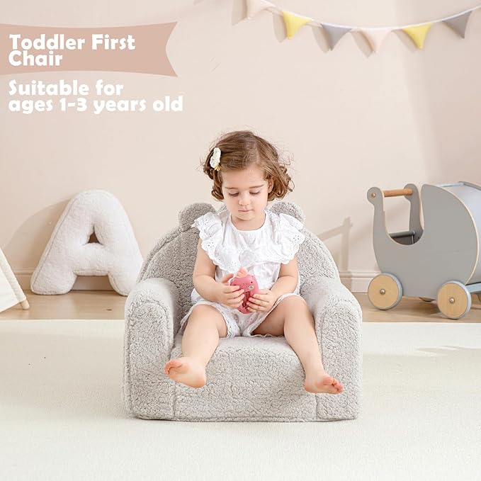 Toddler Chair,Sherpa Bear Kids Chair,Toddler Couch Fold Out,Children Reading Chair,Flip Out Kids Couch,Toddler Sofa Convertible for Age 1-3(Grey Bear)