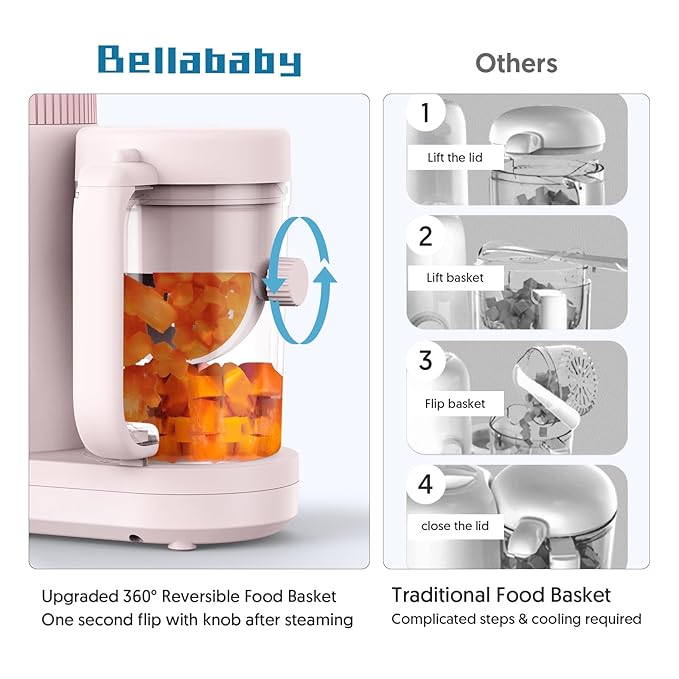 Baby Food Maker Bellababy Baby Food Processor, Puree Blender Steamer with Reversible Steam Basket, One Button Easy Operation & Large Opening for Easy Cleaning