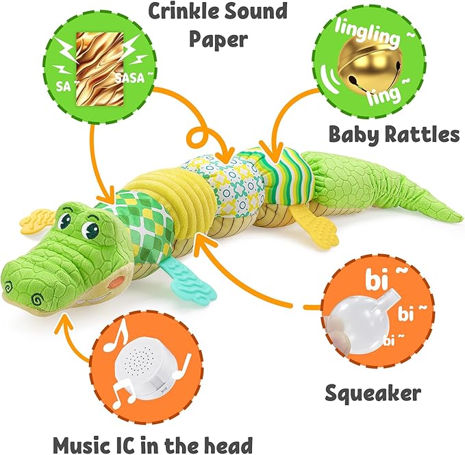 LIGHTDESIRE Baby Crocodile Musical Stuffed Animal, Infant Teething Toys with Ruler Design and Ring Bell, Suitable for Tummy Time, Newborn Boys & Girls 0-12 Months (Green)
