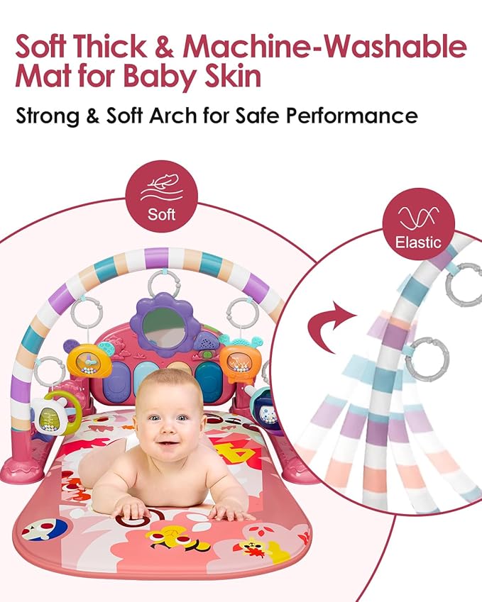 dearlomum Baby Play Mat Baby Gym,Funny Play Piano Tummy Time Baby Activity Mat with 5 Infant Sensory Baby Toys & 2 Baby Book Toys, Boy & Girl Gifts for Newborn 0 to 3 6 9 12 Months(Pink)