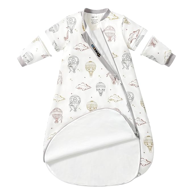 Baby Sleep Sack 6-12 Months, Cotton Detachable Long Sleeve Sleep Sack, 2.5 Tog Toddler Sleeping Sack with Temperature Strips, 2-Way Zipper Wearable Blankets for Newborns, Hot Air Balloon
