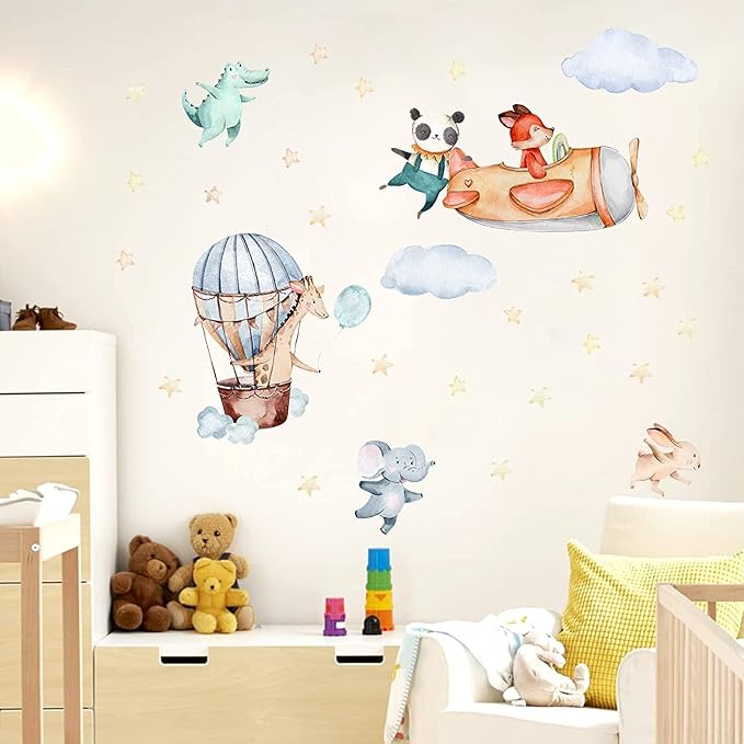 TOARTI Airplane Animal Wall Sticker, Colorful Baby Room Wall Sticker, Cartoon Animals for Children's Room, Adorable Elephant Giraffe Panda Wall Decal for Kids Bedroom Wall Decoration