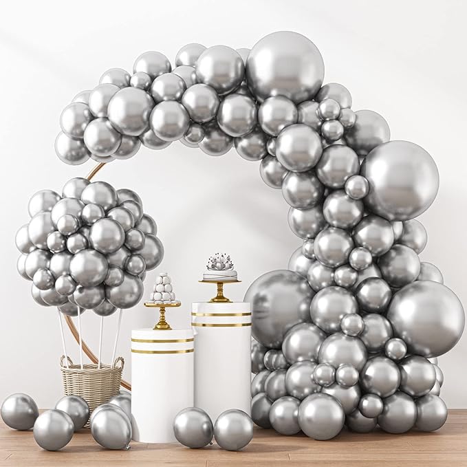 RUBFAC Silver Balloons 129pcs Different Sizes 18 12 10 5 Inches, Metallic Balloon Garland Arch Kit for Birthday Party Graduation Wedding Holiday Decoration
