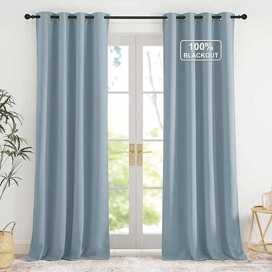 NICETOWN Plylux Blackout Curtains for Sliding Door - 52 by 95 inches Long, 2 Pieces, Blocking Sunlight Window Treatment Modern Thermal Insulated Grommet Curtain Panels for Dining Room, Greyish Blue