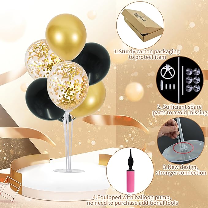 TONIFUL 6 Set Balloon Centerpieces for Table Black Gold Confetti Balloon Stand Kit for 2025 Graduation Party Decoration Birthday Anniversary Halloween 2025 Party Decorations