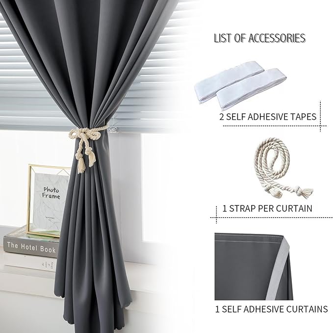 Magic Tape Stick On Curtains Window Shades Pull Down Blackout Window Cover Blackout Curtains for Bedroom No Drillng Self Adhesive Curtains No Rod Small Curtain, 35" W X 71" L, Grey, 1 Panel