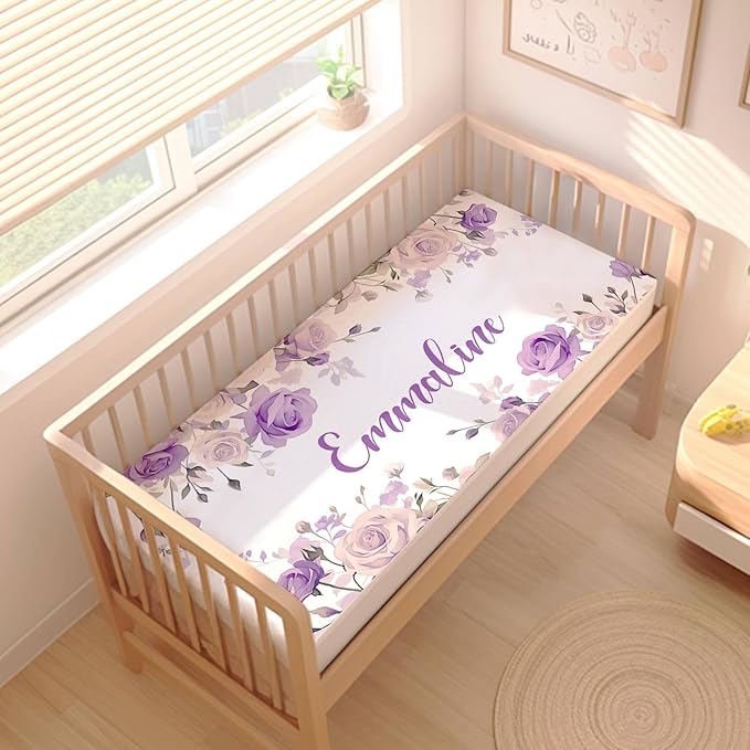 Personalized Baby Girl Crib Bedding Set – Custom Name Floral Purple 3-Piece Nursery Set with Soft Flannel Blanket, Fitted Sheet & Pillowcase – Infant & Toddler Bedding Gift