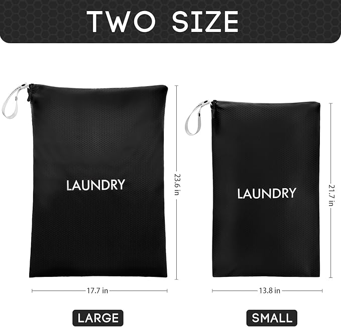 Travel Laundry Bag (2 Pcs - Large + Small) - Foldable Waterproof Washable Wet Dry Bag for Gym, Swimming, Yoga, and Workout Perfect for Dirty Clothes, Bathing Suits, Travel Accessories Black