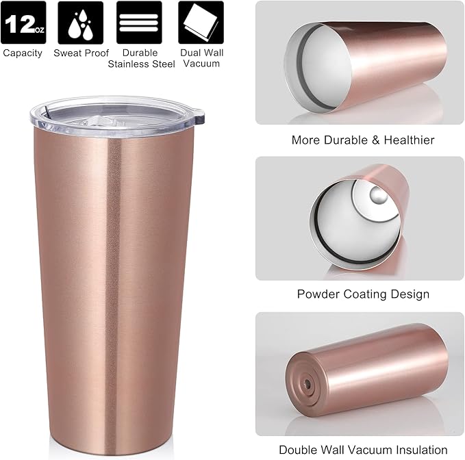 VEGOND 20oz Tumbler Bulk with Lid and Straw 12 Pack, Stainless Steel Vacuum Insulated Tumbler, Double Wall Coffee Cup Travel Mug, Rose Gold