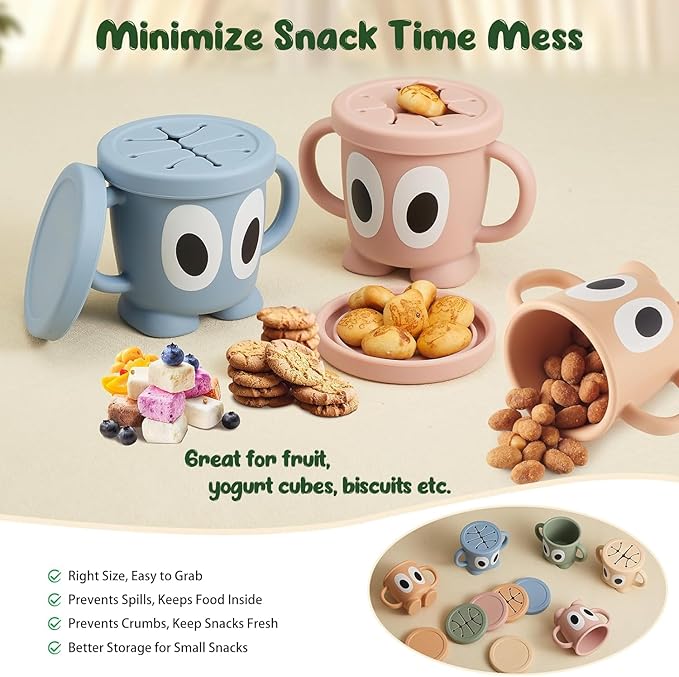 Silicone Snack Cups Food Container for Toddlers and Babies, Spill Proof Training Cup with Snack Cup Lid & Dust Proof Lid, Comes with a toy strap, Without BPA, Lead, or Phthalates (Pink)