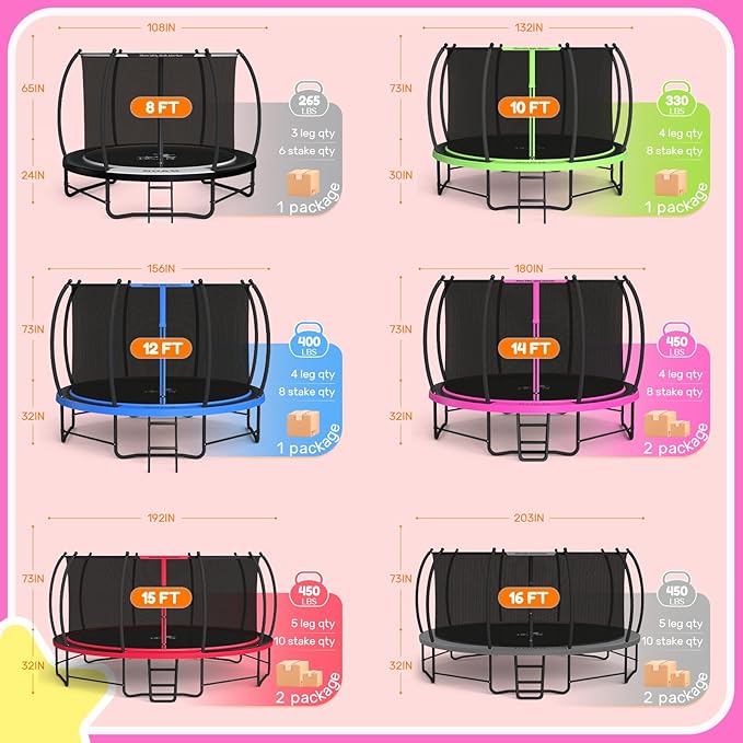 BCAN 8FT 10FT 12FT 14FT 15FT 16FT Recreational Trampoline with Enclosure for Kids Adults, ASTM Approved, Outdoor Trampolines with Ladder for Kids