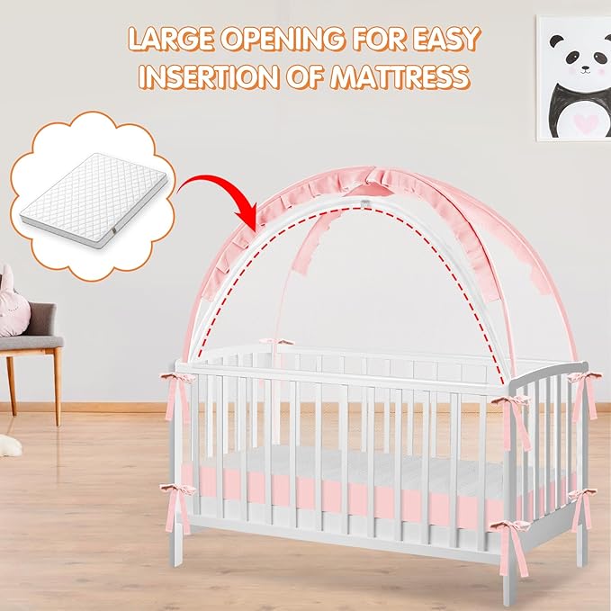 Crib Tent to Keep Baby from Climbing Out - Crib Net to Keep Baby in - Pop Up Breathable Cribs Cover - Canopy with Upgrade Strong Mesh and Durable Zipper (Pink, Lager)