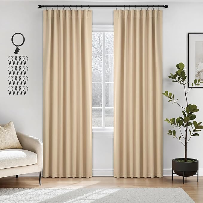 ANRODUO Back Tab Blackout Curtains for Bedroom Living Room, Rod Pocket Pinch Pleated Thermal Insulated Room Darkening Curtains 90 Inches Long 2 Panels, Beige, 42 x 90 Inch