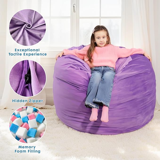 Bmag Giant Bean Bag Chair for Adults, 6FT Bean Bag Chair Convertible Bean Bag Pad, Large Chairs with Memory Foam Filler, Removable Washable Cover for Living Room Bedroom Office - Purple