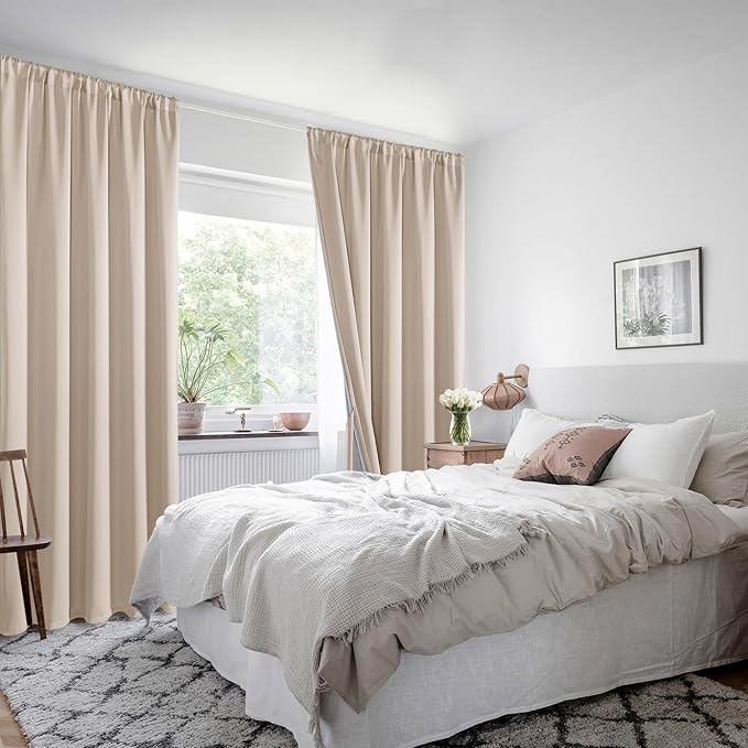 XWZO 100% Blackout Curtains 2 Panels Set, Rod Pocket Thermal Insulated Black Liner, Noise Reducing and Heat Blocking Drapes for Bedroom and Studio Windows with Tiebacks, Biscotti Beige, W70 x L63