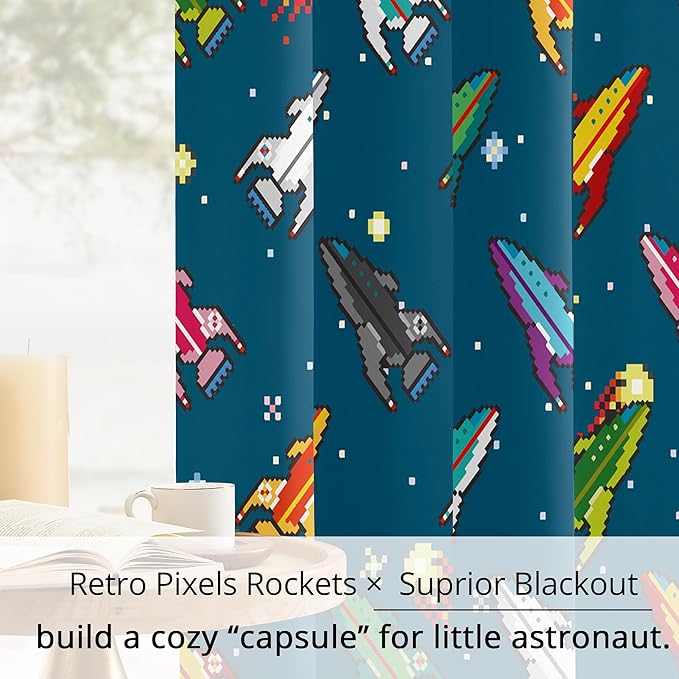 Pixel Rocket Kids Blackout Curtains - 100% Blackout, Thermal Insulated, Noise Reducing, Perfect for Kids Room and Nursery, 2 Panels (Pixel Rocket Fleet, W52×L84)