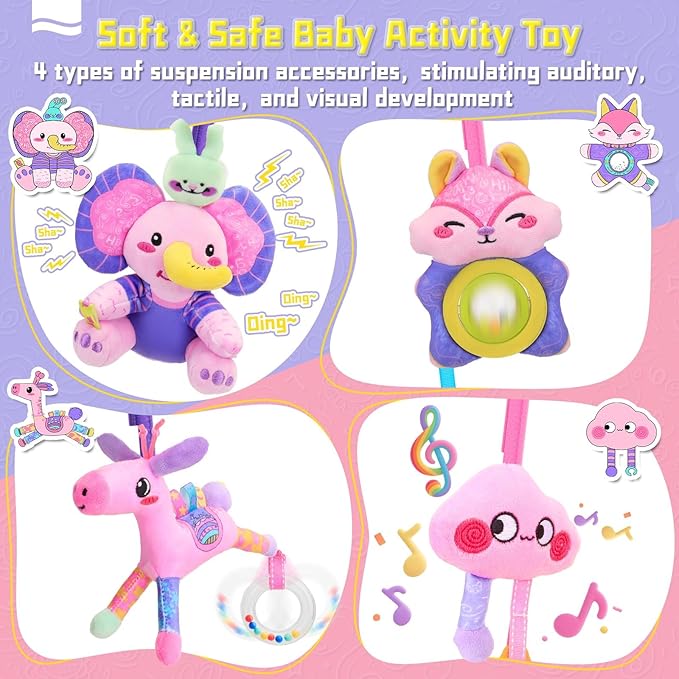 Musical Car Seat Toy for Babies 0-12 Months Girl, 5-in-1 Sensory Activity Hanging Toy Stroller Toy with Soothing Music, Rattle, Mirror for Newborn Infants Essential Gifts, Unicorn