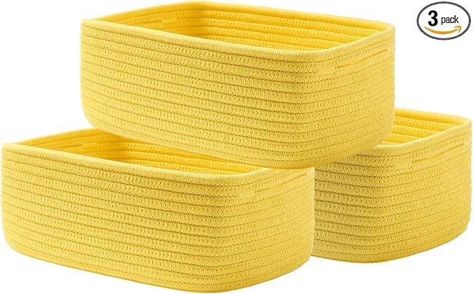 KALLAX Small Woven Basket, 12 x 8 x 4.5 Inches, Storage Basket for Organizing, Cute Small Rope Shelf Closet Cube Storage Bins Baskets for Shelves, Dog Toy Gift Baskets Empty, 3 Pack Yellow