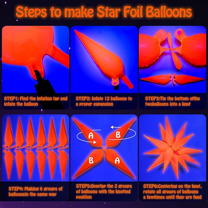 Mega-L Glow Glow in The Dark Party Supplies, 5 Pcs Neon Star Balloons Kit – Neon Foil Explosion & 12 pt Cone Balloons for Arches/Garlands. Perfect for Birthday, Wedding, Anniversary, Graduation Party