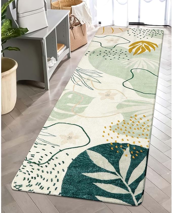 Lahome Green Runner Rugs for Hallway 2x10, Extra Long Washable Non-Slip Kitchen Rug Lightweight Stair Carpet Runner, Boho Botanical Print Soft Entrance Bath Laundry Living Room 2' x 10'