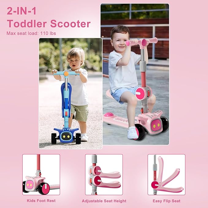 Unbreakable & Never Fall Down 2-in-1 Scooters Kids 3 Wheel Kick Scooter for Boys Girls Ages 3-8, Adjustable Height & Seat, Widened Non-Slip Deck, More Safer for Beginner Toddlers