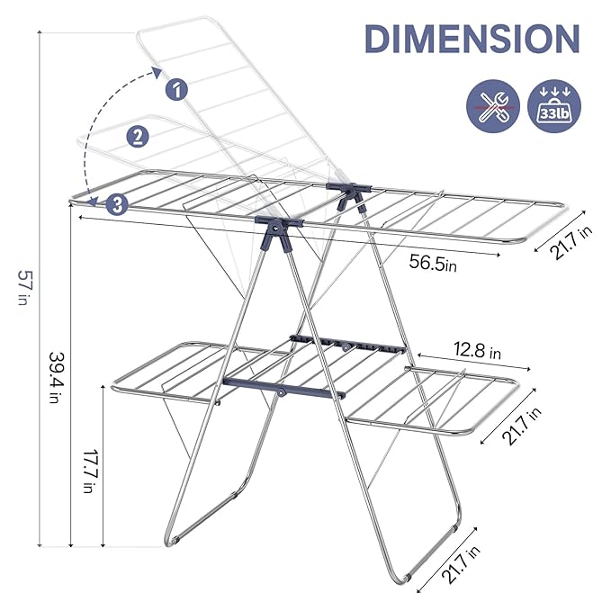 APEXCHASER Clothes Drying Rack with 4 Wings, Stainless Steel Drying Rack Clothing with Height-Adjustable, Foldable Gullwings Laundry Drying Rack, Indoor Outdoor Use, No Assembly, Blue