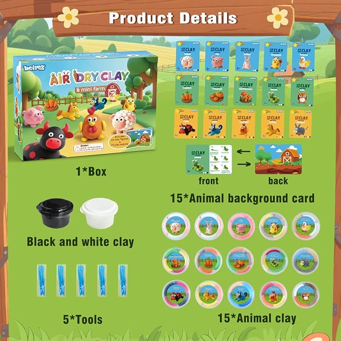 BEIREG Air Dry Clay Farm Adventure Kit for Kids - 15 DIY Farm Animals & Vegetables with Tutorials, Ultra Soft Modeling Magic Clay, Safe Non-Toxic STEM Educational Craft Gift for Boys & Girls Ages 3-12