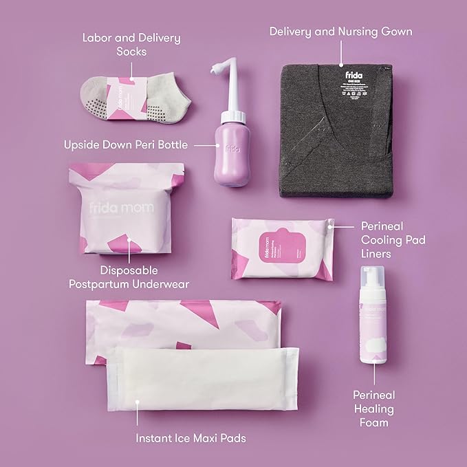 Frida Mom 15pc Labor & Postpartum Kit Gift Set for Baby Showers & Mom to Be, Includes Peri Bottle, Nursing Gown, Disposable Underwear, Ice Maxi Pads, Pad Liners, Perineal Foam, Socks & Toiletry Bag