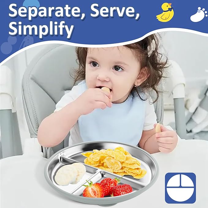 Stainless Steel Suction Plates for Toddlers, 9" Divided Kids Baby Plates with Removable Silicone Suction, Non Toxic Non Slip Portion Control Snack Dishes 3 Packs, Blue Gray Navy
