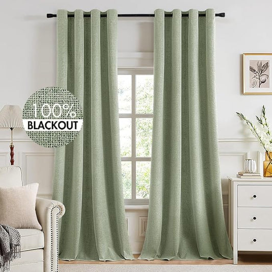 MIULEE Linen Texture Curtains for Bedroom Solid 100% Blackout Thermal Insulated Sage Green Curtains Grommet Room Darkening Drapes for Living Room Nursery 52x120 Inch (2 Panels)