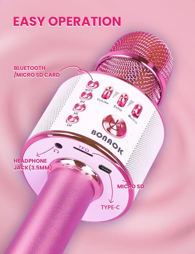 BONAOK Kids Karaoke Microphone, Wireless Bluetooth Microphone for Singing, Gift for Kids, Adults, Girls, Boys, Christmas Kids Toys Gifts for Ages 3, 4, 5, 6, 7, 8+ Years Old (Light Pinkcolor)