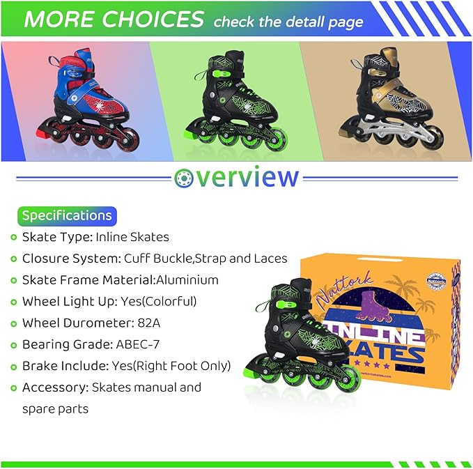 Nattork Kids Adjustable Inline Skates with PU Flash Wheels, Fun Roller Skates for Ages 4-12, Indoor/Outdoor Birthday Gift for Son and Grandson