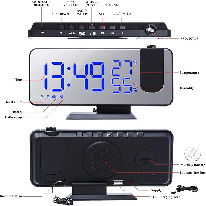 Projection Digital Alarm Clock for Bedrooms,Alarm Clock Radio on Ceiling, USB Charger Port, Temperature & Humidity Display, 7.3” Large Mirror LED Display,12/24H,Snooze,Dual Loud Clock- 4 Dimmer