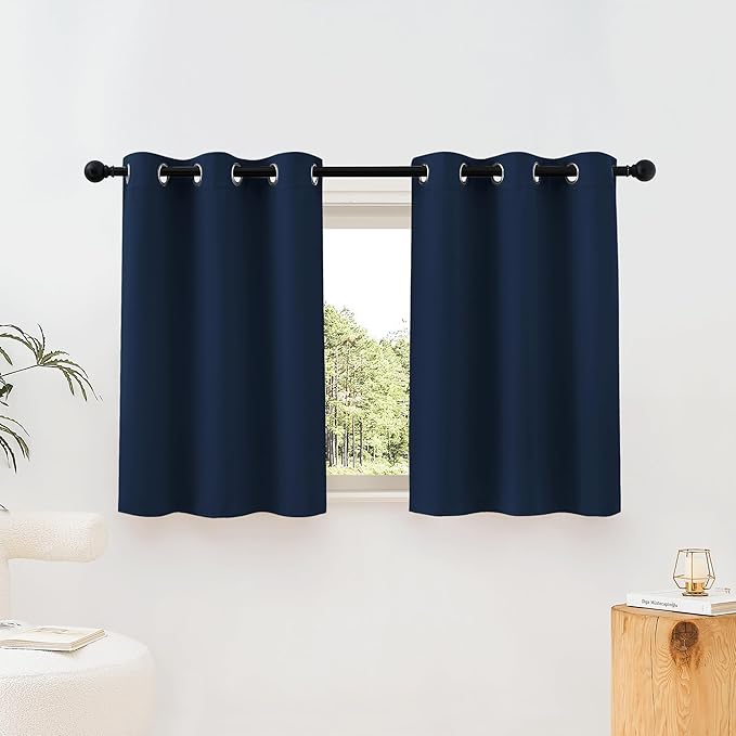NICETOWN Room Darkening Curtains Blackout 36 inch Curtains for Kitchen, Navy Blue Grommet Solid Window Treatments Sound Reducing for Bedroom, 2 Panels, W37 x L36, 2 Panels