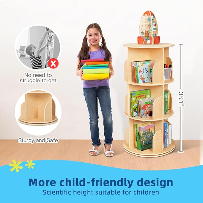 OOOK Kids Rotating Bookshelf, Small Corner Bookshelf for Small Space, 360° Display 3 Tier Floor Standing Bookcase Storage Rack, Wooden Narrow Bookcase Organizer for Bedroom, Living Room