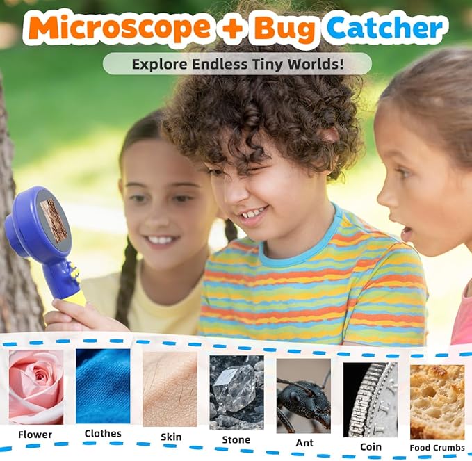 Kids Microscope with Bug Catcher Kit, 1080P Digital Mini Handheld Microscope STEM Science Toy with LED Light, Rechargeable, Portable, Supports 64GB TF Card, Educational Gift for Kids Ages 3-12 (Blue)